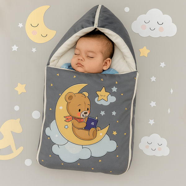Velvet Baby Carry Nest – Grey | Teddy on Moon Edition