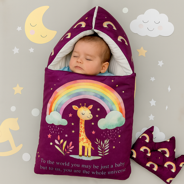 Velvet Baby Carry Nest – Berry Purple | Rainbow Giraffe Edition