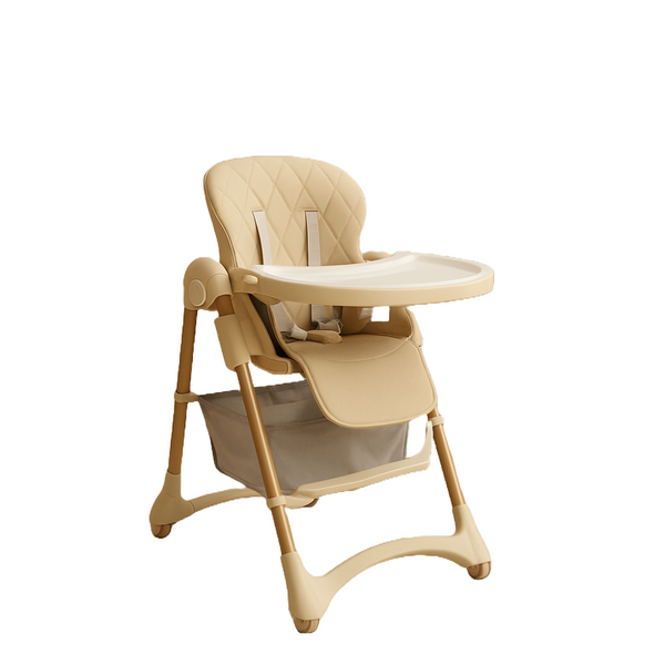 DELUXE FOLDABLE BABY HIGH CHAIR WITH STORAGE BASKET – ADJUSTABLE FEEDING SEAT - BEIGE