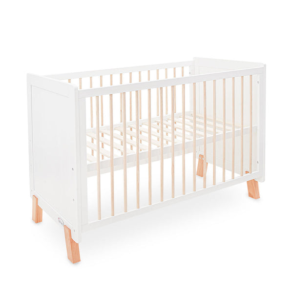 White Wooden Baby Cot – 2-in-1 Convertible Scandi Design with Mosquito Net (0–6 Years, Up to 18 kg)