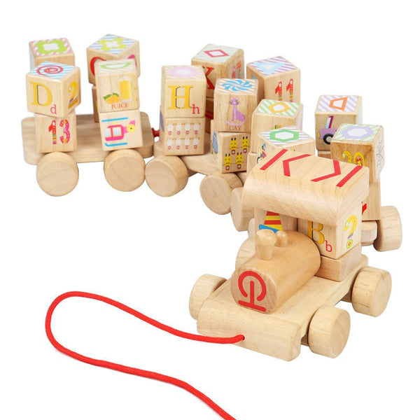 Wooden Train Building Blocks Set Wooden Stacking Alphabet Blocks Push and Pull Train