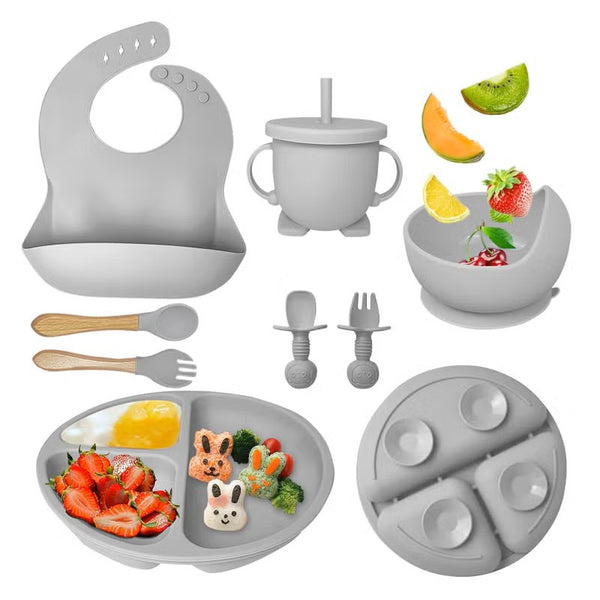 8 PCS Silicone Utensil/Feeding Set Grey
