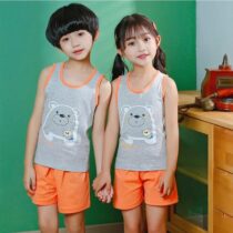 Summer Super Comfy Cotton Breathable T-shirt + Shorts White Grey Bear Print