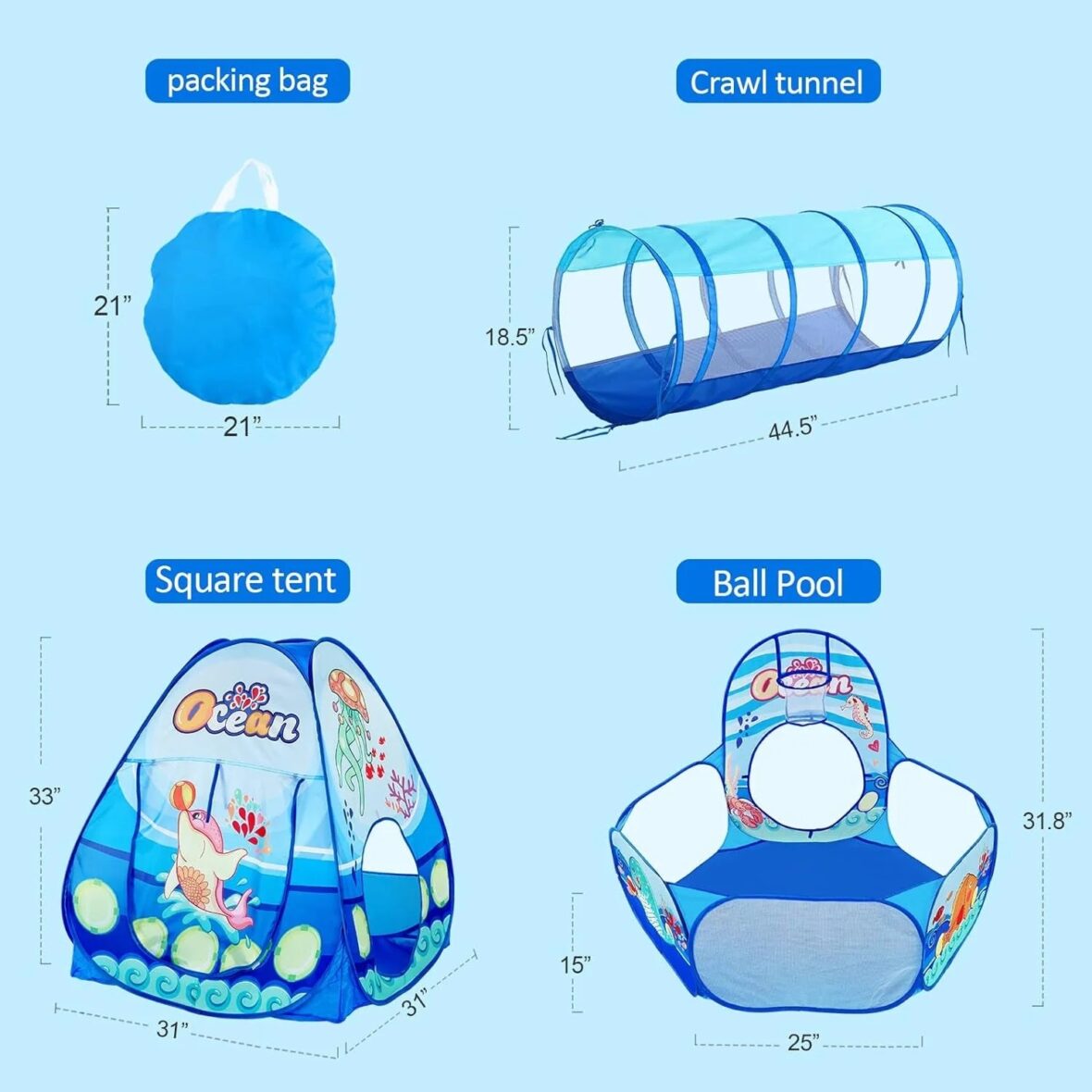 Infantes 3 Pc Ball Pit Kids Tunnel Tent Ocean Blue