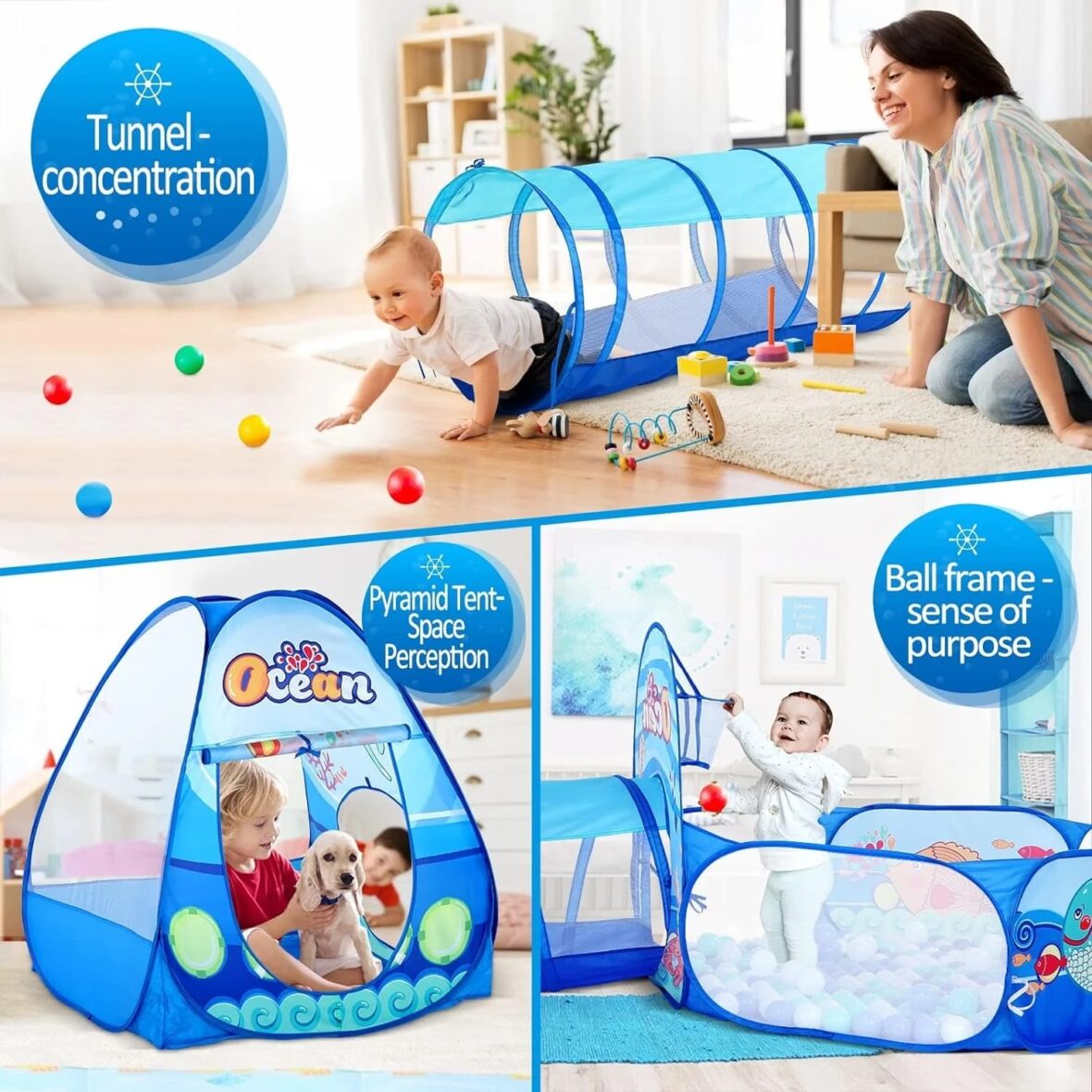 Infantes 3 Pc Ball Pit Kids Tunnel Tent Ocean Blue (7)