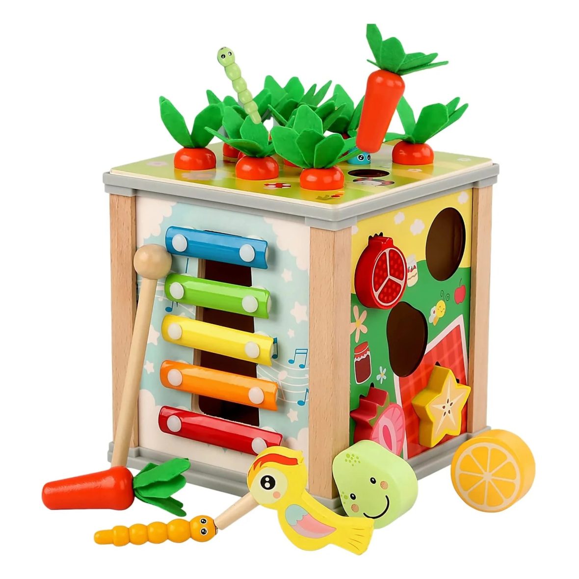 6-in-1 Wooden Activity Cube Shape Sorter, Carrot Harvest, Xylophone, Learning Clock