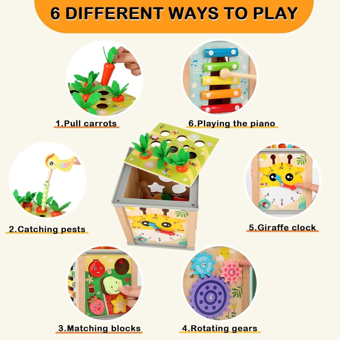 6-in-1 Wooden Activity Cube Shape Sorter Carrot Harvest Xylophone Learning Clock 7